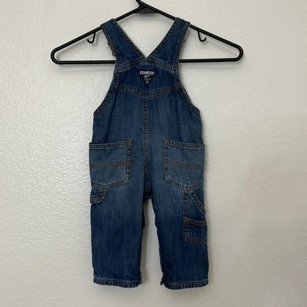 OshKosh B'Gosh Denim Toddler Overalls Denim Blue Plaid Lining 9 Months